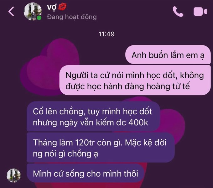 A Vietnamese messenger conversation where a partner consoles the user about being mocked for their lack of education, reminding them they earn 400k daily and 120tr monthly.