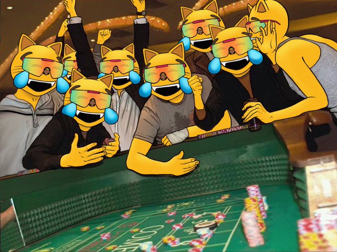 A digitally edited image shows several people wearing laughing cat emojis with rainbow tears and money bags over their faces, gathered around a casino craps table with chips.