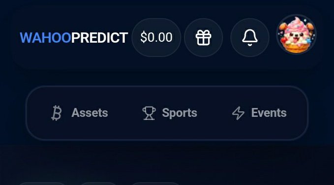 A screenshot of the WAHOOPREDICT platform showing a $0.00 balance, navigation options for Assets, Sports, and Events, and a notification bell icon.
