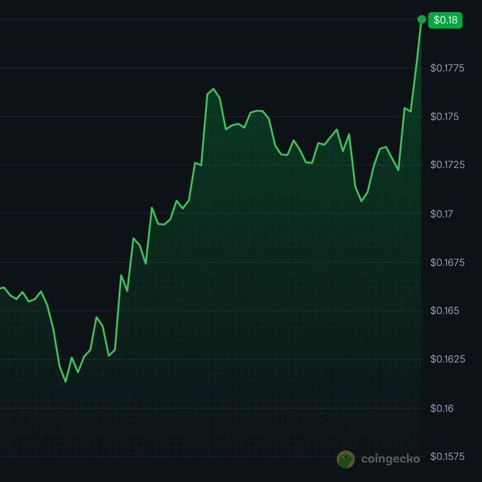 A CoinGecko price chart showing an upward trend reaching $0.18, displayed as a green line graph on a dark background.