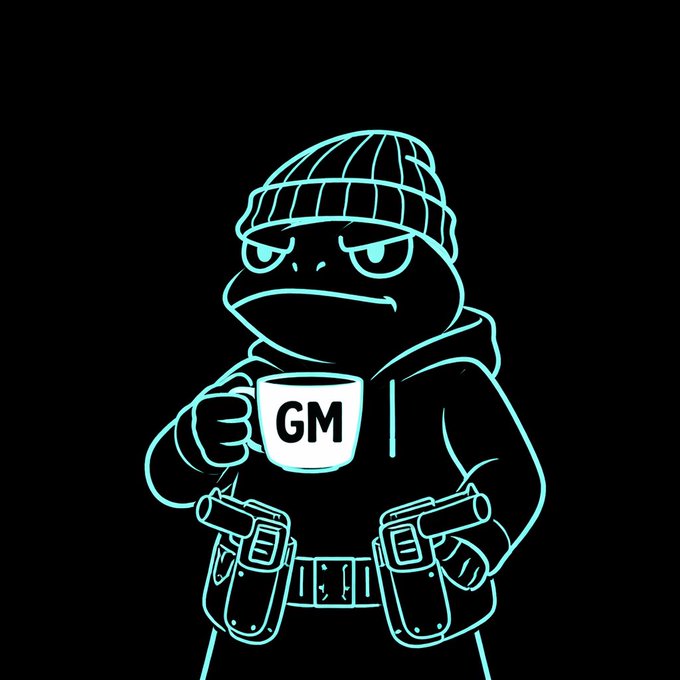 Neon cyan line-art cartoon of a frog wearing a beanie and hoodie, holding a mug labeled 'GM' with two pistols holstered at its waist.