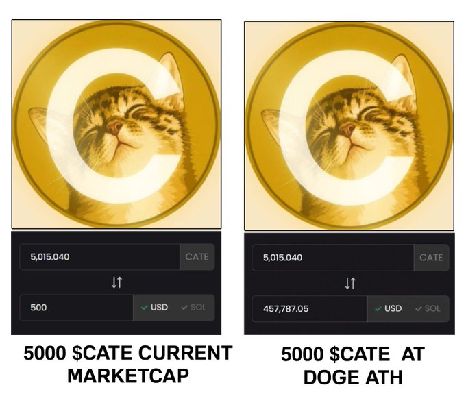 Comparison graphic showing two panels: '5000 $CATE CURRENT MARKETCAP' valued at 500 USD and '5000 $CATE AT DOGE ATH' valued at 457,787.05 USD, both featuring a cat image with a 'C' logo.