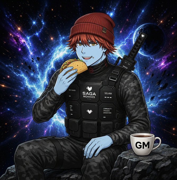 An anime-style illustration of a blue-skinned character with red hair wearing a red beanie and tactical vest labeled 'SAGA MONKES' and 'SOLANA,' holding a taco with a 'GM' mug and a sword against a cosmic space background.