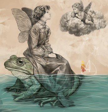 The image features a woman sitting on a frog, with a boat floating nearby. There are two live auctions happening simultaneously, one for a painting of a woman and another for an illustration depicting a frog and a bird. The woman appears to be wearing a dress, while the frog is depicted as having wings. The background shows a water body surrounded by clouds.