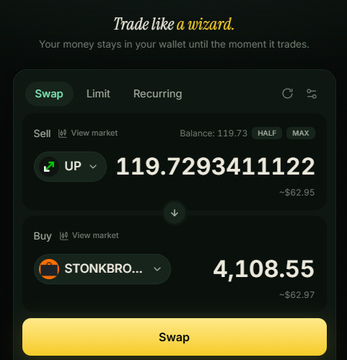 A Mancer DEX swap interface shows selling 119.729341122 UP tokens (~$62.95) to buy 4,108.55 STONKBRO... tokens (~$62.97), illustrating the platform's best-route trading that saved the user an extra 25% compared to their previous Robinhood Crypto/UP/Uniswap swaps.