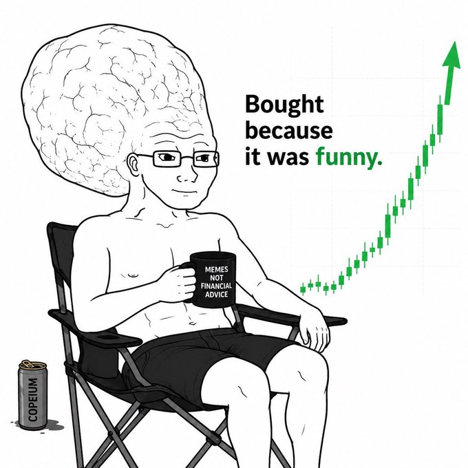 The image features an old man sitting on top of a folding chair, wearing glasses, and holding a cup of coffee. The man has his hair styled like a brain with a headband. In the background behind him, there's a chart depicting an upward trend in stock prices. Above this chart, there is a text that reads "Don' t overcomplicate it Buy good memes & HODL till 2029 Cult-like communities such as $BONK , $BRETT , $LOFI , $PENGU , $PEPE , & #SPX6900, #TROLL , #UTYA, & #WOJAK, will recovery in a BIG way this cycle".