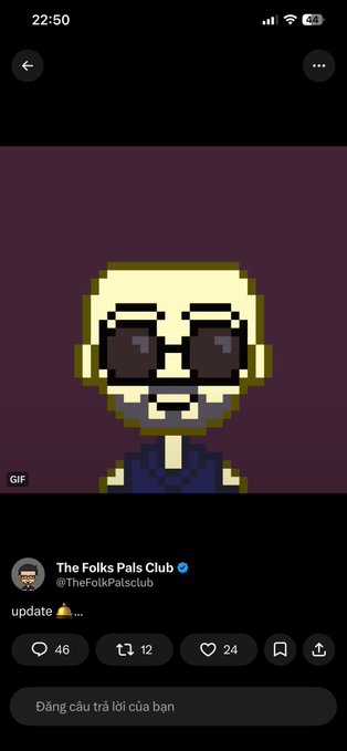 A Twitter/X post screenshot from 'The Folks Pals Club' (@TheFolkPalsclub) displays a pixel-art bald character with sunglasses and the caption 'update' accompanied by an emoji.