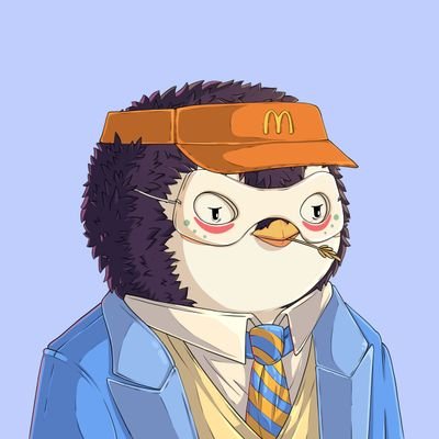 An anime-style penguin character wearing an orange McDonald's visor with the iconic golden "M" logo, a blue blazer, and striped tie, with a cigarette dangling from its beak. The "gm" (good morning) crypto greeting alongside the corporate fast-food branding suggests a playful nod to the post's theme of daily grind and routine transitions, while signaling a fresh start post-exams as the author dives back into discussions about AI-driven DeFi futures.