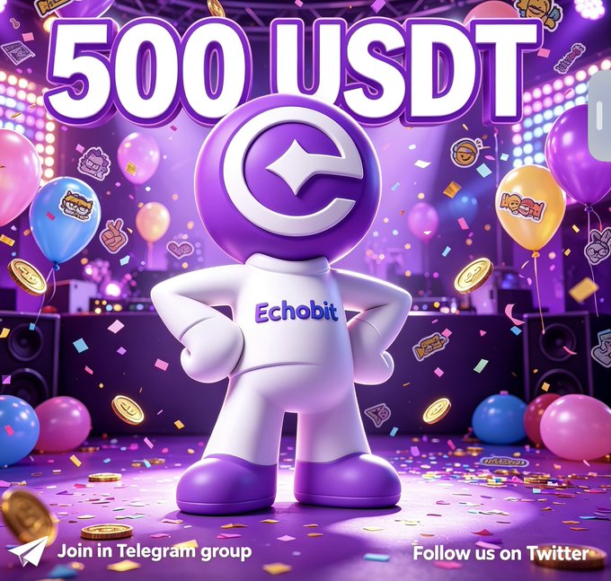 A 3D rendered character with a purple head featuring a 'C' symbol wears a white outfit with 'Echobit' written on it, standing in a festive party scene with '500 USDT' displayed prominently above.