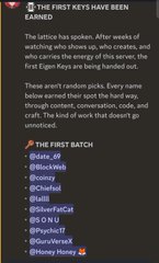 A screenshot of an announcement about first keys being earned, mentioning various social media handles like @dao, @blockxnl, and @GinniHoney with text about watching shows and spotting names.
