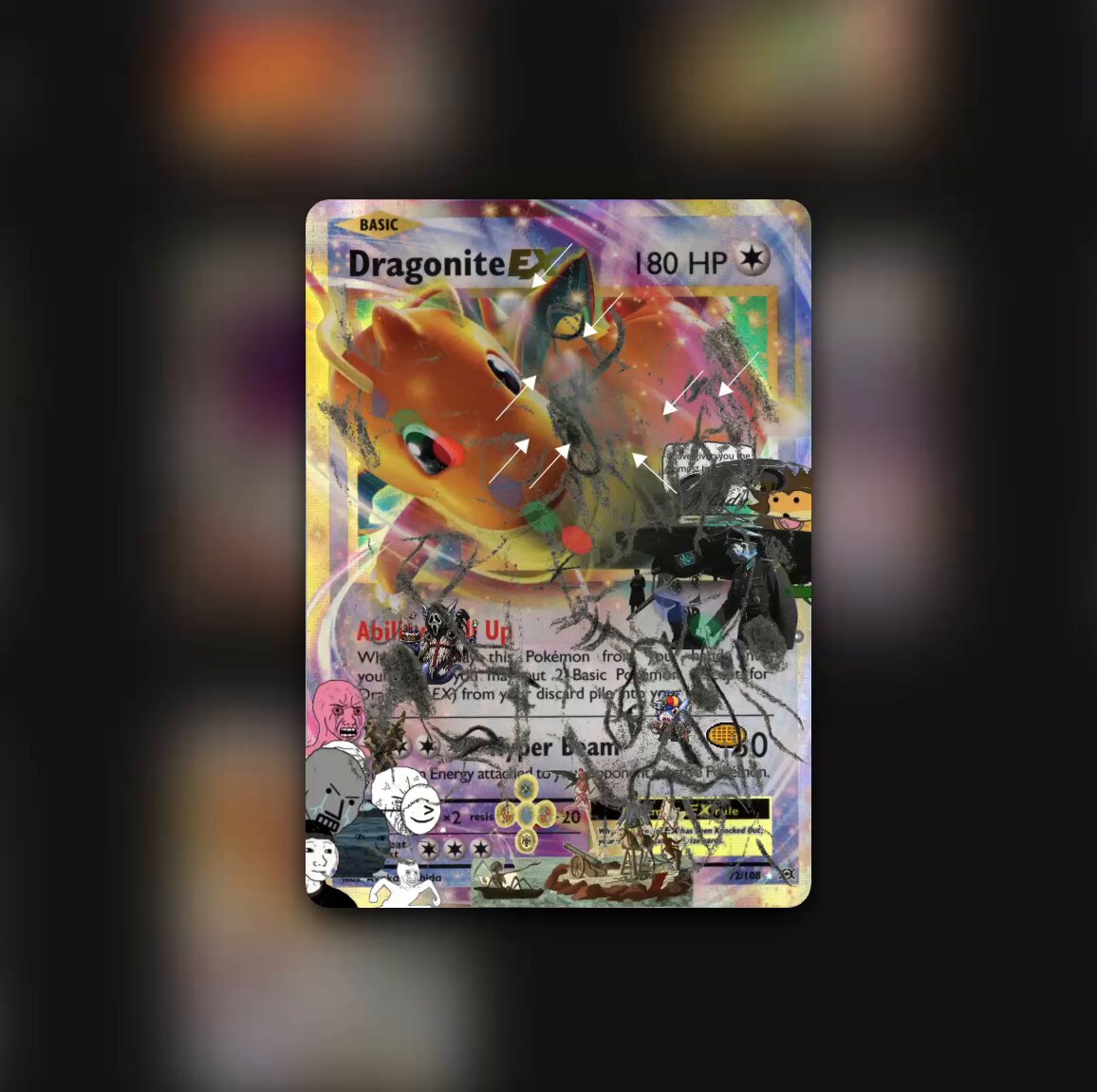 The image features a Pokemon trading card with a black background, featuring an orange dragon as its main character. The card has been vandalized with graffiti and scratches, giving it a unique and edgy appearance. The text "Dragonite" is prominently displayed on the card, indicating that this is a Pokemon card for the Dragonite species. The card also includes various stickers and drawings of other Pokemon characters, adding to its distinctiveness.