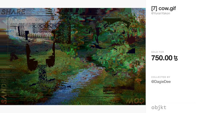 A digital art NFT titled '[7] cow.gif' by @YuranYskon, sold for 750.00 on the objkt marketplace and collected by @DagieDee, featuring a glitchy, pixelated landscape with a cow figure.