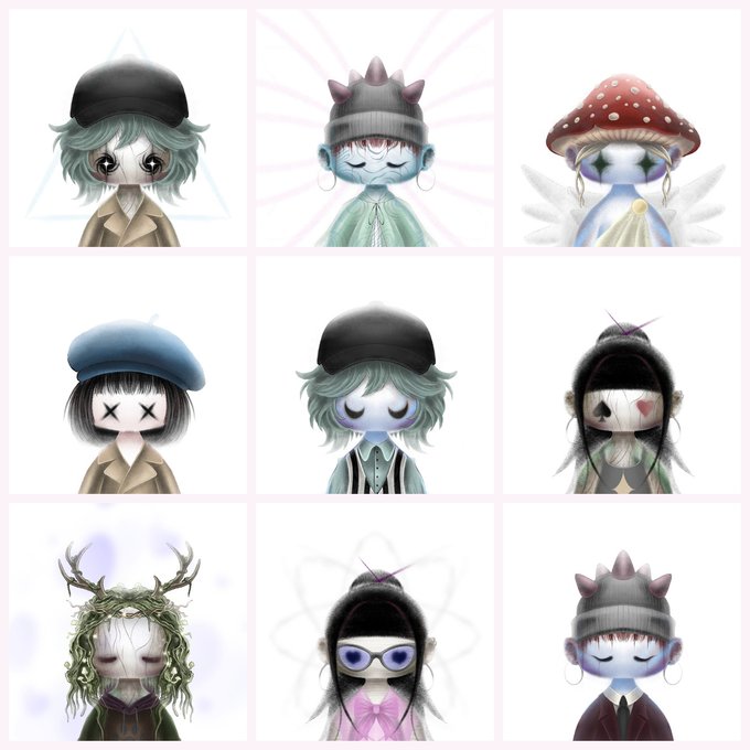 A 3x3 grid of nine stylized anime/illustrated character portraits with various hats and accessories like mushroom caps, beanies, and deer antlers against pastel backgrounds.