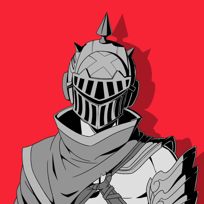 An anime-style illustration depicts a knight in grey armor and a helmet with a spiked top against a bright red background.