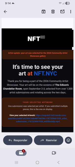 The image shows an email from NFT.NYC announcing the recipient's art was selected for the 2026 Community Artist Showcase at The Edison's Chandler Room, with a link to view their featured artwork. The congratulations post celebrates this achievement, noting how deserving the selection is and wishing their work reaches a wider audience in Times Square.