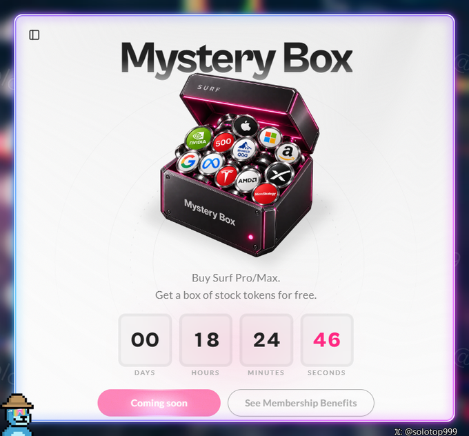 A 'Mystery Box' promotional graphic for Surf Pro/Max showing a treasure chest filled with stock tokens (NVIDIA, Apple, AMD23, etc.) and a countdown timer at 18:24:46.