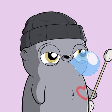 A cartoon sticker of a grey seal-like character wearing a black beanie, with a blue bubble emerging from its nose and a heart tattoo on its chest, holding a stick with cotton on the end.