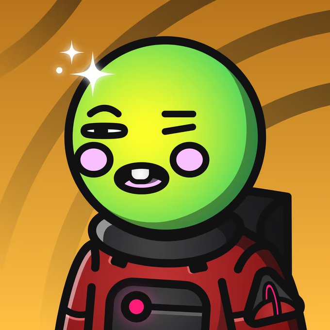 A cartoon green alien character in a red and black astronaut suit winks playfully against an orange radial-striped background.