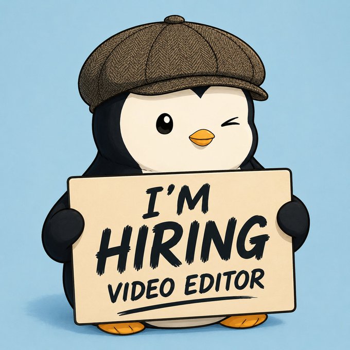 A cute cartoon penguin wearing a herringbone flat cap winks while holding a cardboard sign that reads "I'M HIRING VIDEO EDITOR," visually matching the post's call for a skilled video editor with web3 and crypto knowledge for paid per-video work.