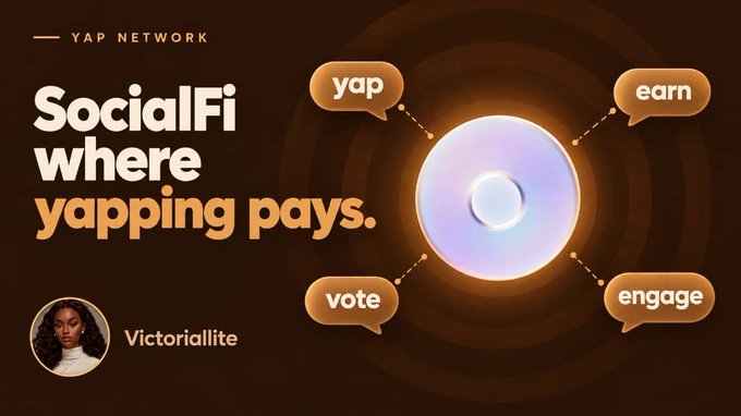An advertisement for 'YAP NETWORK' promoting 'SocialFi where yapping pays' with features yap, earn, vote, and engage surrounding a glowing orb, branded by 'Victoriallite'.