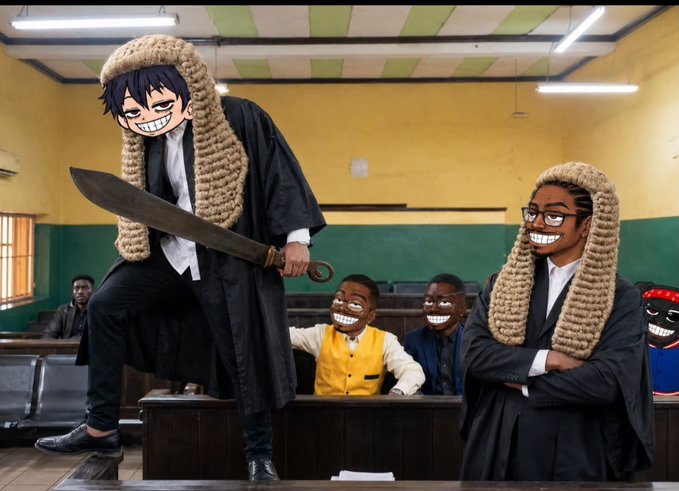 A humorous edited image showing people in a courtroom wearing judge's wigs, with cartoonish grinning faces added to the individuals standing and sitting in the gallery.
