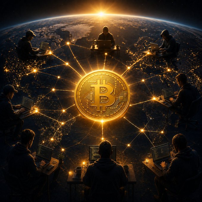 A glowing golden Bitcoin emblem hovers above Earth, connected by illuminated nodes to multiple anonymous developers working on laptops in a circle, symbolizing the decentralized, voluntary network sustaining the cryptocurrency's innovation for 17 years. The imagery reinforces the post's message of a borderless, leaderless community of unpaid contributors dedicated to Bitcoin's continuous evolution.