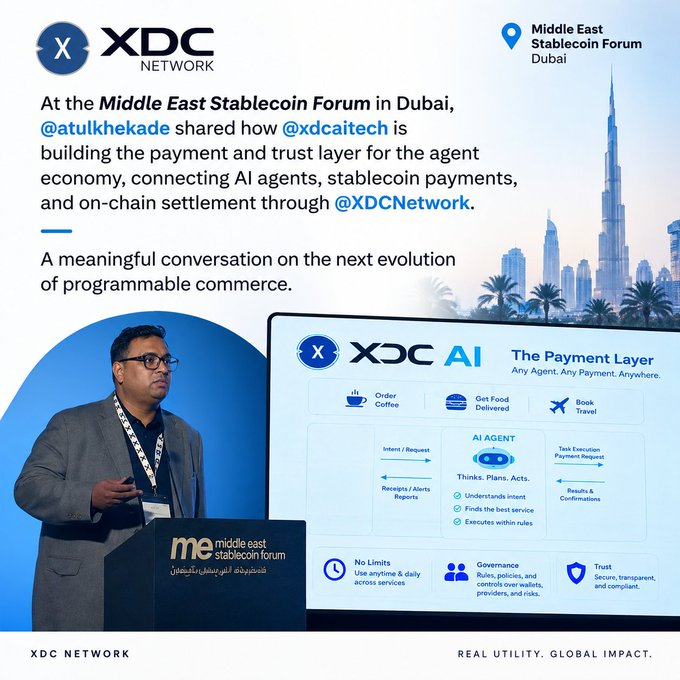 A promotional graphic from XDC Network showing @atulkhedade presenting at the Middle East Stablecoin Forum in Dubai, displaying XDC AI as 'The Payment Layer' for the agent economy, with the Burj Khalifa visible in the Dubai skyline background.