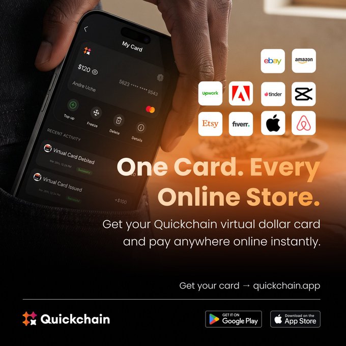 A Quickchain advertisement showing a phone displaying a virtual card with the text 'One Card. Every Online Store.' and app store logos for Google Play and App Store.