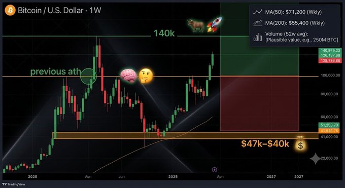 The image displays a weekly Bitcoin/U.S. Dollar chart highlighting key technical levels, including the 140k resistance, the previous ATH near 100k, a critical support zone between $47k-$40k, and moving averages (MA50 at $71,200 and MA200 at $55,400). Annotated with emojis of a bull, rocket, brain, and thinking face, the chart visually reinforces the accompanying post's thesis of a short-term bull trap targeting $64k-$73k before a decisive dump to the $44k-$40k range, followed by a recovery toward a new ATH.