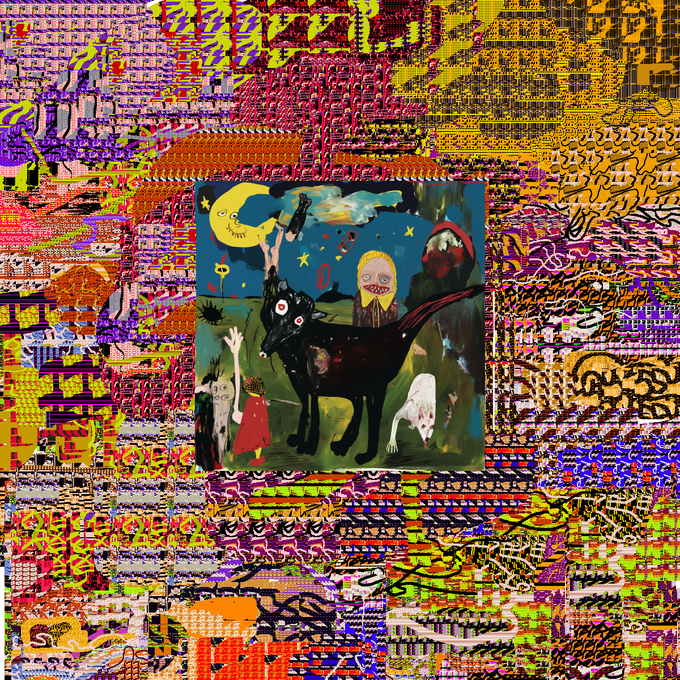 A surreal folk-art painting of a black horse-like creature and figures under a moon, framed by chaotic psychedelic patterns in pink, yellow, and green.