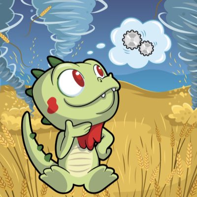 A cartoon illustration of a green dinosaur-like character with red eyes standing in a wheat field with tornadoes and gears in thought bubbles in the background.