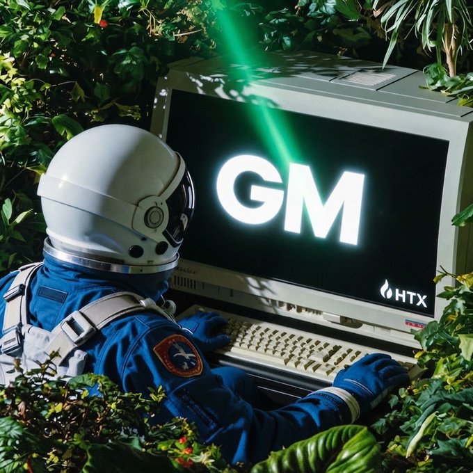 An astronaut in a white helmet and blue spacesuit types at a retro computer terminal hidden among lush green foliage, with a bright green laser beam shooting upward and the letters "GM" glowing on the screen alongside an "HTX" logo, playfully illustrating the post's "Good Morning" greeting by showing someone taking remote work to an extraterrestrial level.