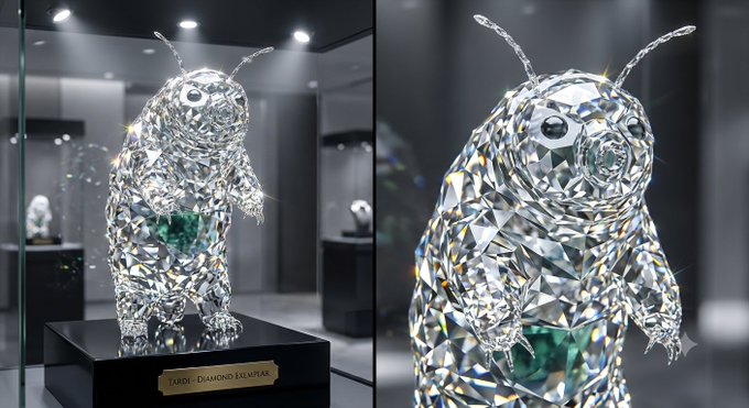 A luxurious ZARDI 'Diamond Salamtak' sculpture made of crystals depicting a standing bug-like creature with antennae and a green gem on its belly, displayed on a black pedestal in a gallery.