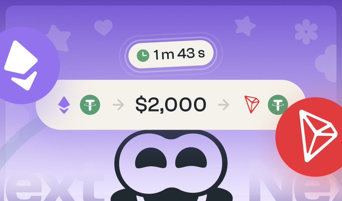 A purple-themed crypto swap interface showing an ETH to TRX exchange of $2,000 with a 1m 43s timer and an Augur logo.