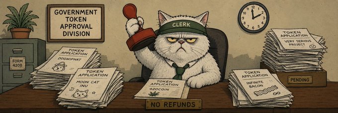 A grumpy white cat wearing a "CLERK" visor sits at a desk surrounded by piles of "TOKEN APPLICATION" forms with a "GOVERNMENT TOKEN APPROVAL DIVISION" sign and "NO REFUNDS" plaque, while wielding an oversized red approval stamp—illustrating the $STAMP Bureaucat meme concept of an exhausted Solana government clerk processing endless memecoin approvals.