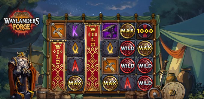 A slot game titled 'Waylanders Forge' showing reels with Viking-themed symbols like 'WILD', 'MAX', axes, and hammers, with a dwarf character on the left.