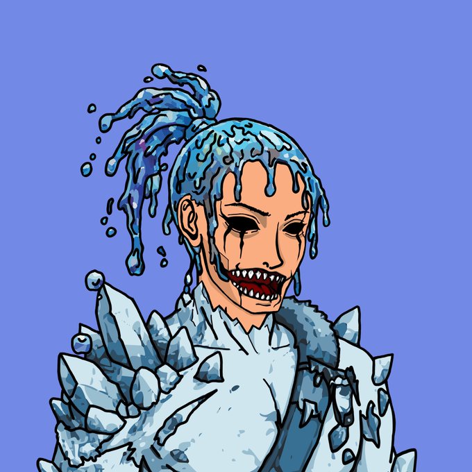 The illustration depicts a stylized figure with dripping blue, icy hair pulled into a high ponytail, wearing a spiked icy crown and cloak, with dark tear streaks running down the cheeks and a menacing fanged smile set against a purple background. The frostbitten, monstrous character visually embodies the post's theme of NFTs "freezing" or decaying into generic, lifeless projects that lose their value after minting.