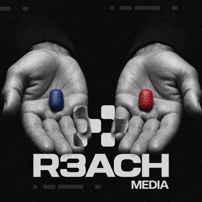 Two outstretched hands hold a blue pill on the left and a red pill on the right, with the logo and text "R3ACH MEDIA" below. The image serves as a visual metaphor for the "blue pill vs. red pill" choice described in the post, presenting R3M as the empowering red-pill alternative that lets creators own their content.