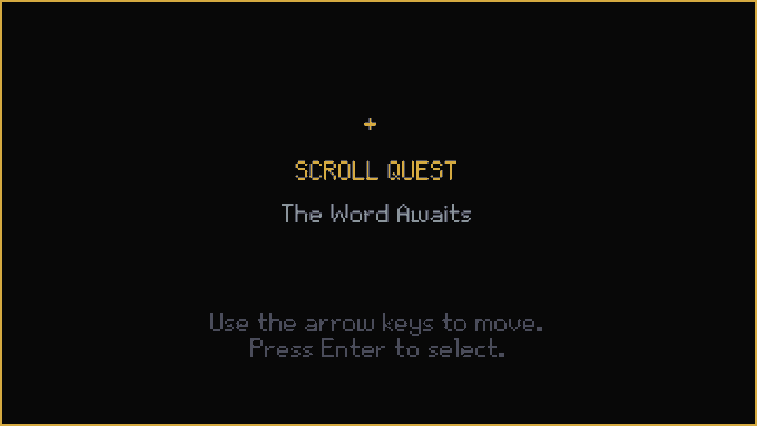 A pixel-art game menu screen with a black background and yellow border, displaying the title 'SCROLL QUEST', subtitle 'The Word Awaits', and instructions 'Use the arrow keys to move. Press Enter to select.'