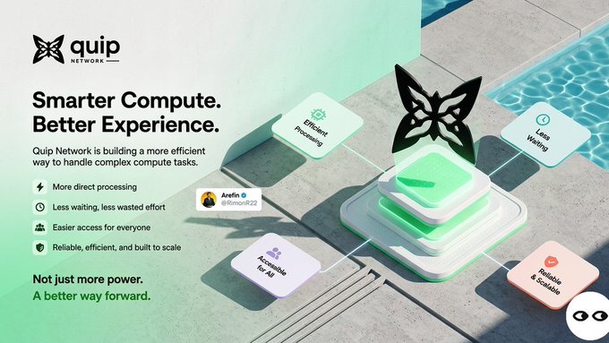 In this image, there's an infomercial poster for Quip's service, which focuses on the concept of "smarter computing." The poster features a butterfly-shaped object that represents the idea of using technology more efficiently through better experience design. The text in the poster emphasizes that by planning ahead and preparing early with infrastructure, one can save money and resources in the long run. The overall theme suggests that Quip's service helps individuals or organizations make better decisions regarding computing infrastructure.