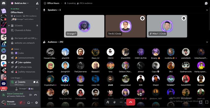 Screenshot of an Arc platform voice channel called 'Office Hours' showing 3 speakers, 292 audience members, and channel navigation sidebar.