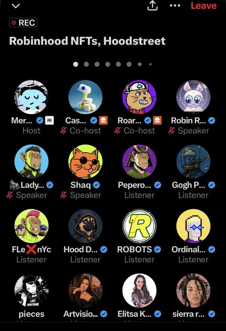 A screenshot from a Twitter Spaces audio chat titled 'Robinhood NFTs, Hoodstreet' showing multiple participant avatars with roles including Host, Co-host, Speaker, and Listener.