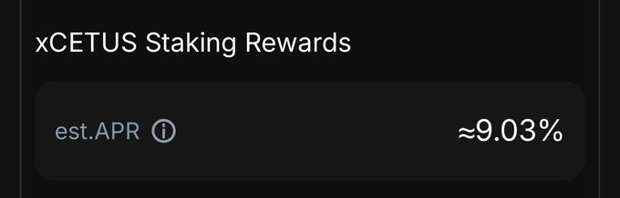 A dark interface panel showing 'xCETUS Staking Rewards' with an estimated APR of approximately 9.03%.