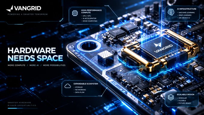 Futuristic tech advertisement for 'VANGRID' promoting 'HARDWARE NEEDS SPACE' featuring a glowing circuit board design with feature callouts.