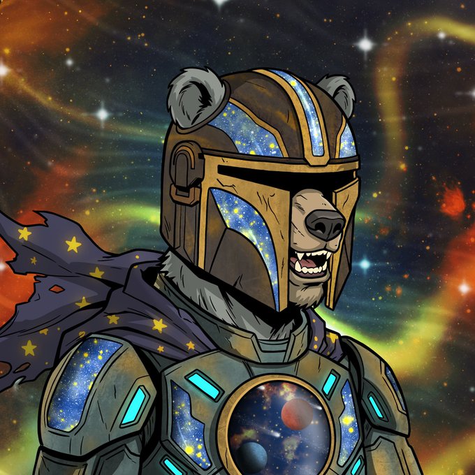 A digital illustration of a bear wearing futuristic, galaxy-patterned Mandalorian-style armor and a starry purple cape against a colorful nebula background.