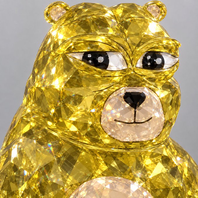 A sparkling yellow crystal bear figurine with diamond-faceted eyes and a pink gemstone muzzle, exuding a luxurious and mischievous charm that fits the playful "Can you feel it? $BOBO" meme aesthetic.