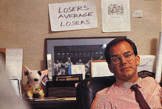 The meme shows Bill Hwang sitting in his office with a handwritten sign on the wall reading "LOSERS AVERAGE LOSERS," directly illustrating the post's warning about the common investing mistake of holding onto losing positions while selling winners.