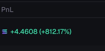 The image displays a dark-themed trading interface showing a PnL (profit and loss) metric of "+4.4608 (+812.17%)" in green, indicating substantial gains. Given the context of a 7-hour flight delay turning into a 1 SOL challenge, the image humorously suggests the trader turned their boredom into massive profits in Solana.