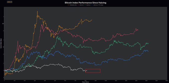 **Caption:** A line chart titled "Bitcoin Index Performance Since Halving" tracks cumulative returns across four halving cycles (2012, 2016, 2020, 2024) over 2,000 days, with the current cycle highlighted near the bottom.

**Relation to post:** The chart visually supports the bear's argument that Bitcoin historically trends upward after halvings, implying $50K would be an unusually low price to revisit—undermining the post's bearish sentiment that bears should push BTC lower for buying opportunities.