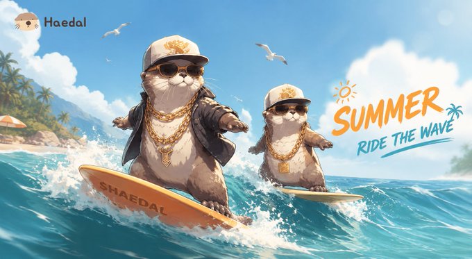 Two otters wearing gold chains, sunglasses, and caps surf ocean waves on surfboards; the 'Haedal' logo is in the top left with 'SUMMER RIDE THE WAVE' text on the right.